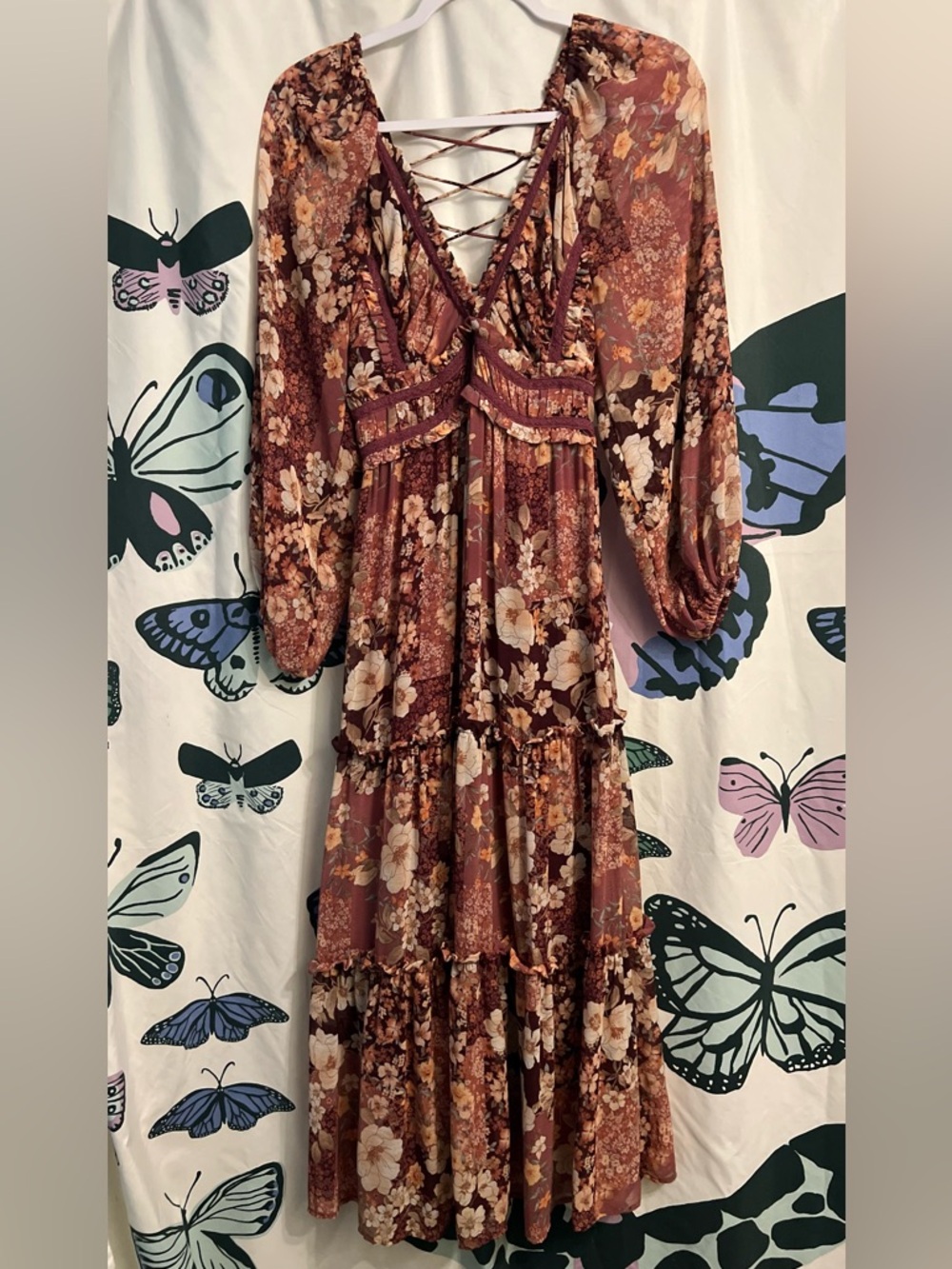 Floral Lace-Up Long Sleeve Maxi Dress